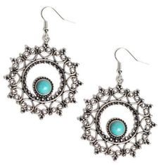 Featuring Studded Details, Frilly Heart-Shaped Filigree Spins Around A Smooth Turquoise Stone Bead, Creating A Whimsical Wreath. Earring Attaches To A Standard Fishhook Fitting. Nwt/Never Worn Lead And Nickel Free Elegant Turquoise Earrings For Summer, Elegant Blue Jewelry For Festival, Turquoise Jewelry For Party, Blue Sterling Silver Jewelry For Festival, Elegant Turquoise Jewelry For Festivals, Elegant Turquoise Festival Jewelry, Purple Amethyst Earrings, Nickel-free Turquoise Dangle Hoop Earrings, Whimsical Turquoise Nickel-free Earrings