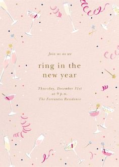 a pink and gold new year's eve party card with champagne glasses on it