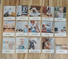 many pictures of babies in different places on a wooden table with the words baby names written below them