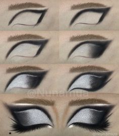 Drag Eyeshadow Tutorial, Black N White Makeup Looks, Black White Eyeshadow, Cruella Deville Eye Makeup, Black White And Grey Eye Makeup, Black And White Makeup Ideas, Cruella Eye Makeup, Dark Eye Shadow Looks, Black And White Smokey Eye