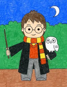 a child's drawing of a harry potter holding an owl