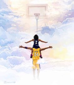 two basketball players are holding each other in front of a basket ball hoop with clouds behind them