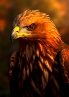 a painting of an eagle with red eyes and yellow beak, looking to the side