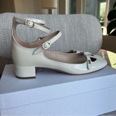 New In Box Size: 38 Eu / 8 Us Color: Off White (Cream) Patent Leather 55mm Block Heel Aime Patent Pump 0223 Luxury Cream Calf Leather Heels, Luxury Low Heel Cream Heels, Luxury Cream Low Heel Shoes, Luxury Cream Low Heel Heels, Dior Shoes, Off White Color, White Cream, Cute Shoes, Ballet Flats