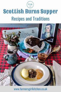 the scottish burns supper recipe book is shown on a table with other dishes and utensils