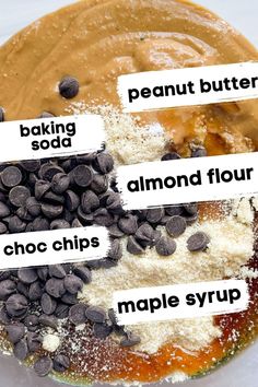 ingredients for making peanut butter and chocolate chip cookies in a bowl with labels on them