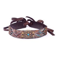 Brown leather wide hat band with turquoise concho and accents. Bohemian Concho Hat Bands Adjustable, Bohemian Adjustable Concho Hat Bands, Adjustable Bohemian Concho Hat Bands, Bohemian Hat Band For Festivals, Adjustable Leather Hat Bands In Bohemian Style, Adjustable Leather Bohemian Hat Bands, Adjustable Bohemian Leather Hat Bands, Adjustable Leather Hat Band For Festivals, Leather Bohemian Hats For Festivals