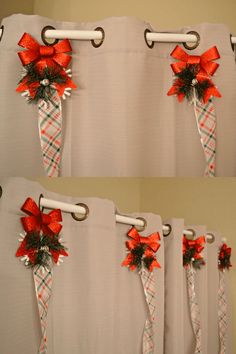 four pictures of red and white bows hanging on curtains