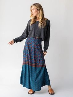 Amy Maxi Skirt - Teal Gold Border Country Maxi Skirt Outfit, Wardrobe Reset, Lingerie Runway, Boho Maxi Skirts, Comfort Outfits, Style Collab, Bahamas Trip, Layered Lace Top, Sagittarius Gifts