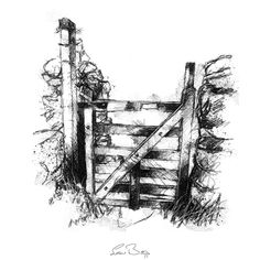 an ink drawing of a wooden gate