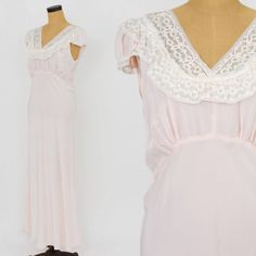 "~ 1940s beautiful pale pink rayon nightgown ~ Lovely lace ruffle collar ~ Bias cut style ~ Cap sleeves with lace trim ~ Very nice Bust- 42\" (106.5 cm) Waist- 34\" (86.5 cm) Hips- 44\" (112 cm) Length- 56\" (142 cm) More Incredible Vintage: http://glennasvintageshop.etsy.com Vintage Jewelry: http://glennasjewels.etsy.com Instagram @glennas_clothing Facebook https://www.facebook.com/glennasclothing" Vintage Pink Nightgown For Spring, Vintage Pink Sleep Dresses, Pink Ruffled Summer Nightgown, Vintage Pink Nightgown, Womens Lingerie, Vintage Pink V-neck Nightgown, Lace Nightgown, Pink Ruffle, Dream Wedding Ideas Dresses