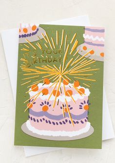 a happy birthday card with a cake and fireworks on the top that reads, you're my birthday