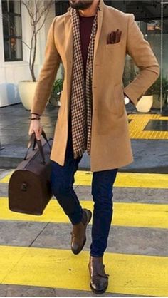 stylish menswear #mensbags #mensbagsmessenger #bagsformen Trench Coat Outfit For Men, Mens Fashion British, Men’s Business Clothes, Men Coat Outfit Formal, Mens Camel Coat Outfits, Camel Overcoat Men Outfit, Camel Coat Outfit Men, Men Trench Coat Outfit, Peacoat Scarf