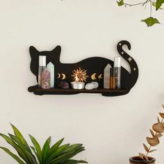 Black Cat Wooden Shelf Moon Phase Floating Shelf Chakra Crystal Holder-MoonChildWorld Feline Energy, Witch Home Decor, Nordic Room, Cosmic Cat, Gothic Room, Witchy Home Decor, Hippy Room, Crystal Shelves, Crystal Holder