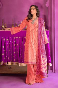 Gul Ahmed CL-32162 Chunri Lawn Collection Formal Printed Cotton Lawn Suit, Formal Printed Lawn Suit For Festive Occasions, Festive Formal Printed Lawn Suit, Formal Pink Cotton Sets, Traditional Printed Unstitched Suit For Formal Occasions, Spring Formal Printed Lawn Suit, Elegant Pink Printed Lawn Suit, Pink Cotton Unstitched Suit With Digital Print, Unstitched Orange Lawn Suit With Digital Print