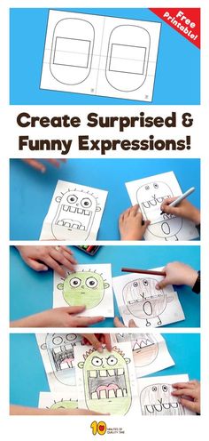 children's hands making funny faces with the words create surprised and funny expressions on paper