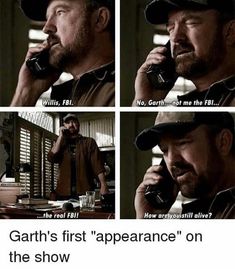 an image of a man talking on the phone with caption that reads, garth's first appearance on the show