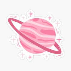 a pink saturn sticker with stars around it