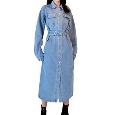 Introducing the 2023 Spring-Summer Collection's light blue long denim coat ââ‚?a timeless classic with a twist of modernity!Why It's Your New Go-ToThis light wash denim coat is inspired by the '90s. offering a unique blend of style and comfort. Oversized. with a button closure. it's the perfect statement piece to add to your wardrobe.Key Highlights: 90s Revival: Nostalgic design of a timeless classic. updated with modern touches. Light Wash: A subtle. elegant hue that's perfect for any occasion. Trendy Light Wash Denim Dress For Fall, Trendy Washed Blue Denim Dress For Fall, Light Blue Long Sleeve Cotton Denim Dress, Trendy Light Wash Long Sleeve Denim Dress, Trendy Long Sleeve Light Wash Denim Dress, Fall Denim Dress For Workwear In Light Wash, Light Blue Long Sleeve Denim Dress For Spring, Washed Blue Denim Dress With Pockets For Fall, Fall Washed Blue Denim Dress With Pockets