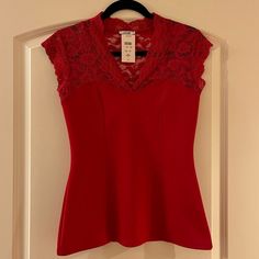 Cache Lace Top, New With Tags. Elegant Red Tops For Evening, Elegant Fitted Red Top, Elegant Red Tops For Date Night, Elegant Red Top For Date Night, Lace Tee Shirt, Wide Straps Top, Fitted Tunic, Silky Top, Lace Tee