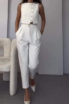 Button design top and trousers two-piece set Summer Workwear Solid Color Pant Set, Chic White Sets With Buttons, Chic Solid Color Two-piece Set For Summer, Chic Solid Two-piece Set For Summer, Summer Two-piece Tops For Workwear, Elegant Two-piece Pant Set For Summer, Chic Sleeveless Two-piece Set For Summer, Chic Two-piece Set For Summer, White Casual Pant Set For Summer