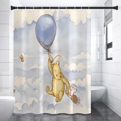 a shower curtain with winnie the pooh and piggy flying in the sky holding onto a balloon