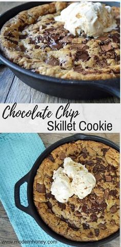 chocolate chip skillet cookie with whipped cream on top