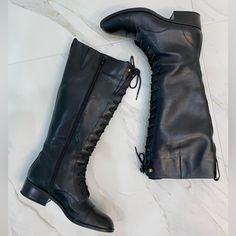 Great-Looking Black Ralph Lauren Laced-Front Boots. Side Zipper. Elastic Vent For Extra Room At The Top. Excellent Condition. No Scuffs Or Scratches. Hardly Worn. Size 7-1/2 M. Black Lace-up Boots With Almond Toe, Black Almond Toe Lace-up Boots For Work, Ralph Lauren Leather Round Toe Boots, Black Winter Boots, Ralph Lauren Shoes, Extra Room, Black Laces, Winter Boots, Side Zipper