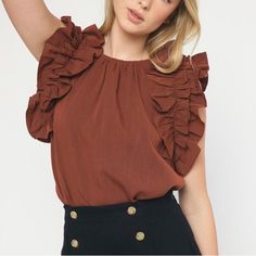 Nwt Rust/Brown Ruffle Top, Color Is A Beautiful Deep Rust/Acorn Brown Small Measures 19” Across From Pit To Pit Laying Flat Or 38” Around Medium Measures 20” Across From Pit To Pit Laying Flat Or 40” Around Large Measures 21” Across From Pit To Pit Laying Flat Or 42” Around Fitted Brown Top For Brunch, Fitted Brown Tops For Brunch, Brown Ruffled Blouse For Work, Elegant Brown Blouse For Brunch, Brown Summer Workwear Blouse, Brown Summer Blouse For Work, Fitted Brown Tops With Ruffles, Brown Ruffled Blouse For Day Out, Summer Workwear Brown Blouse