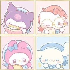 four different pictures of hello kitty and other cartoon characters in pink, blue, and yellow