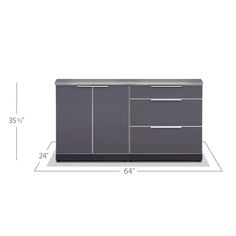 an image of a sideboard with drawers in grey and silver color, measurements for each drawer