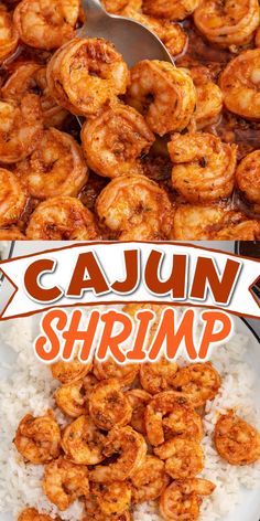 shrimp and rice with the words cajun shrimp on it in front of an image