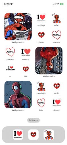 the spiderman stickers are all in different colors and sizes, including one that says i love you