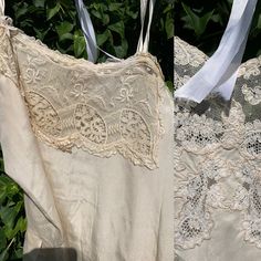 Beautiful old camisole from silk with beautiful old lace From France You can carefully wear this Good condition Some little spots on the front , see on the picture Length: 85 cm From underarm to the other: 43 cm Lace Trim Camisole For Daywear, Lace Camisole With Lace Trim For Daywear, Cream Lace Sleeveless Camisole, Delicate Lace Trim Camisole For Wedding, Delicate Lace Trim Wedding Camisole, Vintage Summer Lace With Lace Trim, Vintage Cream Lace For Summer, Daywear Lace Camisole Top, Beige Lace Camisole With Lace Top Detail