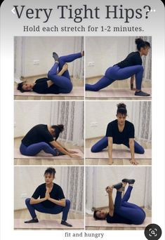 a woman doing yoga poses with her hands on her hips and the words very tight hips?