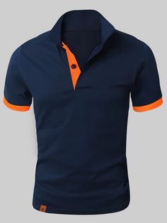 Navy Blue Casual Collar Short Sleeve Polyester Colorblock  Embellished Slight Stretch Summer Men Tops Corporate Shirts, T Shirt Plain, Tech Wear, Tennis Shirt, Polo Shirt Colors, Tennis Shirts, Printed Polo Shirts, Men Clothes, Blue Polo