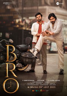 two men standing next to each other in front of a motorcycle and the words b r o