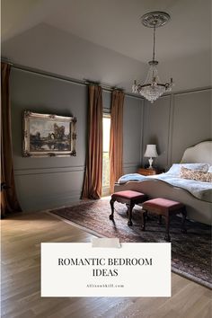 a bedroom with gray walls and white bedding is featured in this postcard from the magazine romantic bedroom ideas