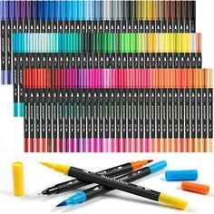 several different colored markers and pencils on a white background with the same one in color