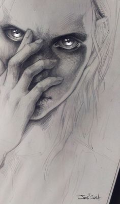 a pencil drawing of a woman's face with her hand on her cheek and eyes open