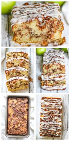 apple cinnamon roll cake with icing and apples in the background