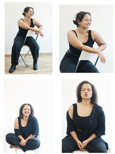 four different pictures of a woman sitting on a chair and smiling at the same time