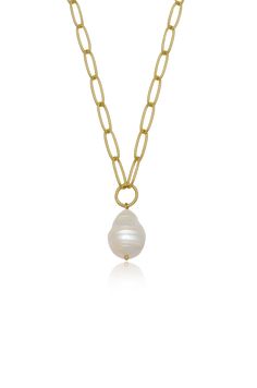 Single Pearl Open Links 18k Gold Plated Chain Necklace close up White Link Necklace With Gold Chain, White Gold Chain Link Jewelry, Pearl Chain Link Jewelry Gift, White Round Necklace With Gold Chain, White Necklace With Gold Chain, Pearl Chain Link Jewelry For Gifts, White Link Necklace For Gift, White Chain Link Necklace Gift, White Chain Link Necklace As A Gift