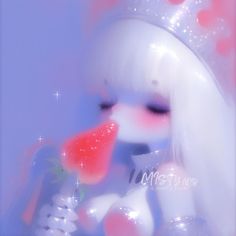 a woman with long white hair is holding a candy lollipop in her hand