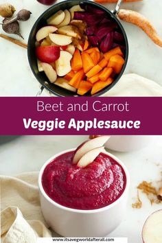 beet and carrot veggie applesauce in a bowl with the title above it