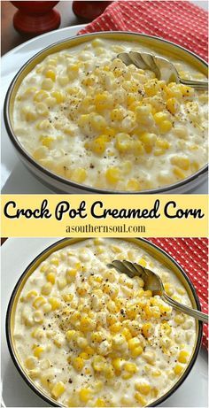 two bowls filled with creamed corn on top of a red and white checkered table cloth