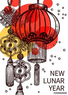 a chinese lantern with the words new lunar year on it and an image of two lanterns hanging