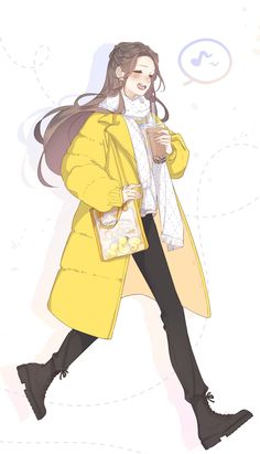 a drawing of a woman in a yellow coat and black pants holding a cell phone