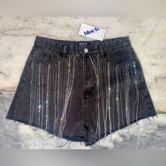 Brand New With Tags Blue B Brand Black Denim With Trendy Silver Chain And Rhinestone Detail Size Medium Rhinestone Shorts, Black Denim, Black Silver, Jean Shorts, Silver Chain, Size Medium, Womens Shorts, Brand New, Chain