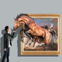 a man standing next to a painting of horses